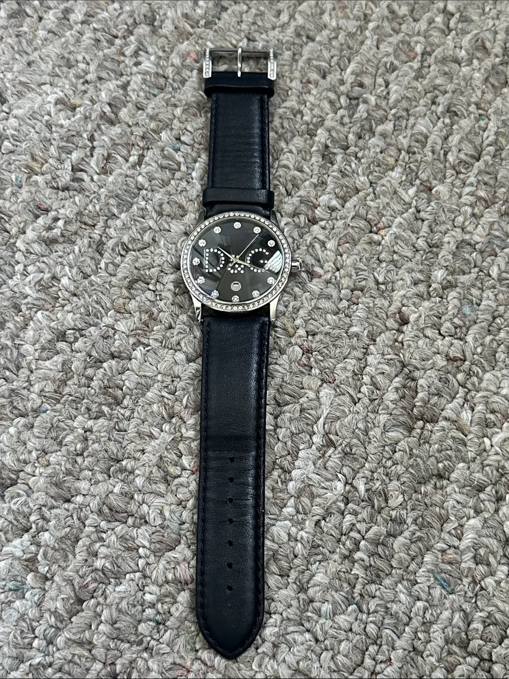 D&G Black Leather Strap Watch with Brushed Steel Back